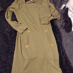 Olive Green Long Sleeve Dress with Orange Accents Sweatshirt Dress
